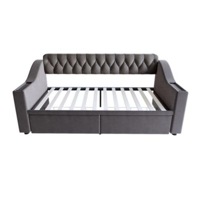 Lit banquette 90x190 cm en velours gris foncé avec tiroirs et ports USB