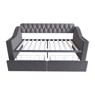 Lit banquette 90x190 cm en velours gris foncé avec tiroirs et ports USB