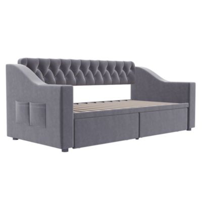 Lit banquette 90x190 cm en velours gris foncé avec tiroirs et ports USB