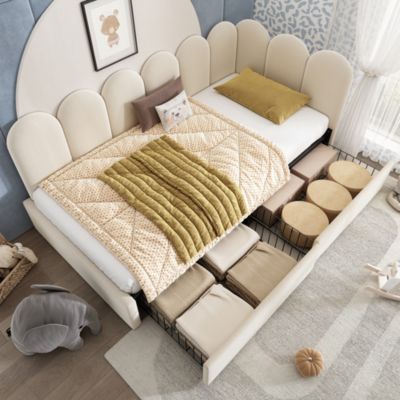 Lit Banquette 90x190 cm - Lit Enfant Capitonné avec 2 Tiroirs de Rangement et Sommier à Lattes, en Velours - sans Matelas - Beige