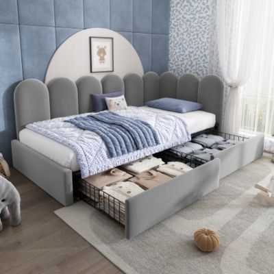 Lit banquette 90x190cm - 2 tiroirs - velours - sommier à lattes - gris (sans matelas)