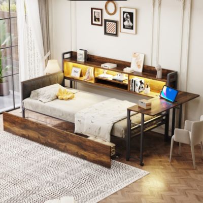 Lit Banquette 90x200 cm - avec LED, Tiroirs et Bureau Pliable - Métal et Bois, Blanc/Holzfarbe, Sans Matelas