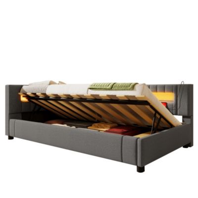 Lit banquette 90x200 cm en lin gris avec LED, rangement hydraulique et ports USB-C