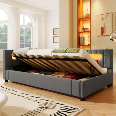 Lit banquette 90x200 cm en lin gris avec LED, rangement hydraulique et ports USB-C