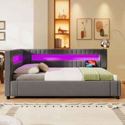 Lit banquette 90x200 cm en lin gris avec LED, rangement hydraulique et ports USB-C