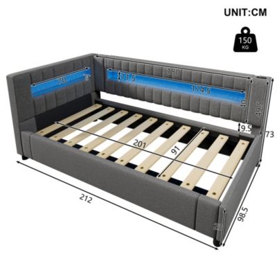 Lit banquette 90x200 cm en lin gris avec LED, rangement hydraulique et ports USB-C
