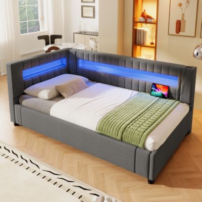 Lit banquette 90x200 cm en lin gris avec LED, rangement hydraulique et ports USB-C