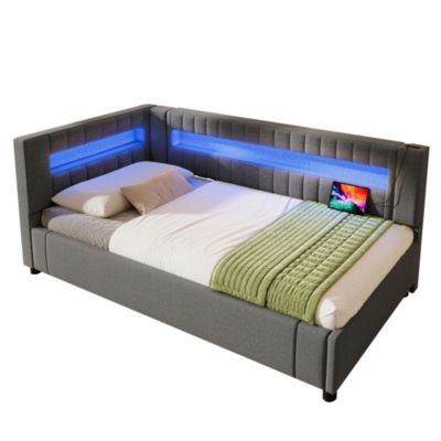 Lit banquette 90x200 cm en lin gris avec LED, rangement hydraulique et ports USB-C