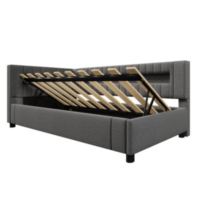 Lit banquette 90x200 cm en lin gris avec LED, rangement hydraulique et ports USB-C