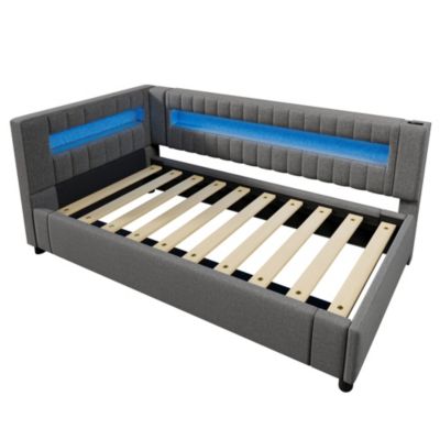 Lit banquette 90x200 cm en lin gris avec LED, rangement hydraulique et ports USB-C