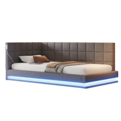 Lit banquette 90x200 cm en lin gris avec LED, USB et sommier à lattes