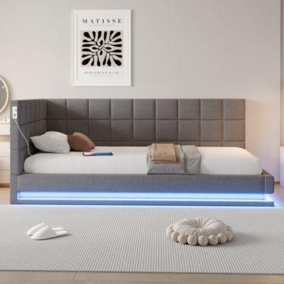 Lit banquette 90x200 cm en lin gris avec LED, USB et sommier à lattes