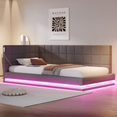 Lit banquette 90x200 cm en lin gris avec LED, USB et sommier à lattes