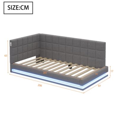 Lit banquette 90x200 cm en lin gris avec LED, USB et sommier à lattes