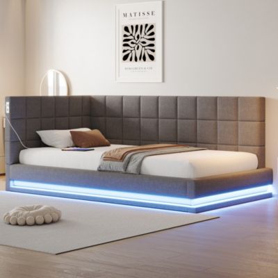Lit banquette 90x200 cm en lin gris avec LED, USB et sommier à lattes