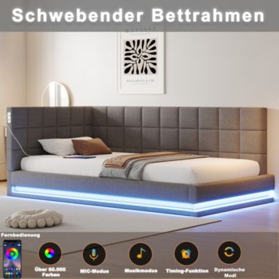 Lit banquette 90x200 cm en lin gris avec LED, USB et sommier à lattes