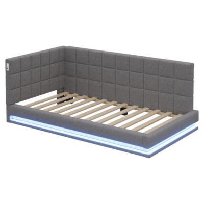Lit banquette 90x200 cm en lin gris avec LED, USB et sommier à lattes