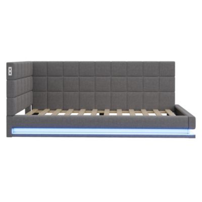 Lit banquette 90x200 cm en lin gris avec LED, USB et sommier à lattes