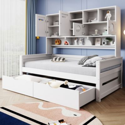 Lit banquette 90x200 cm en pin blanc avec rangements et 2 tiroirs