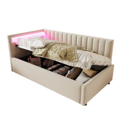 Lit banquette 90x200 cm en velours beige avec coffre hydraulique et LED