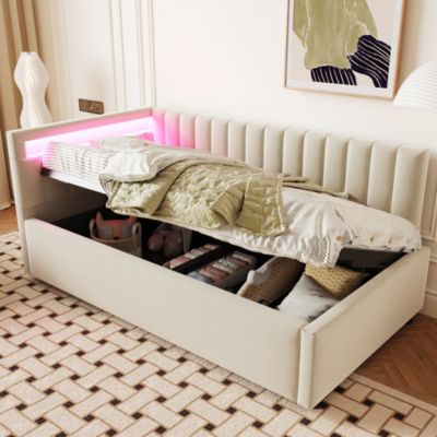 Lit banquette 90x200 cm en velours beige avec coffre hydraulique et LED