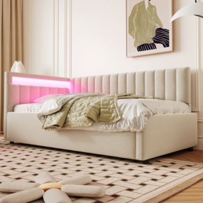 Lit banquette 90x200 cm en velours beige avec coffre hydraulique et LED