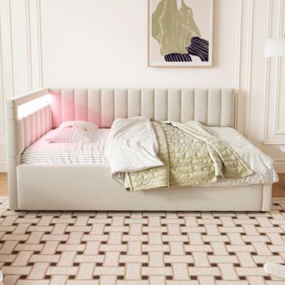 Lit banquette 90x200 cm en velours beige avec coffre hydraulique et LED