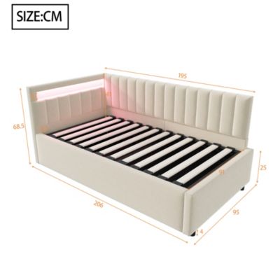 Lit banquette 90x200 cm en velours beige avec coffre hydraulique et LED