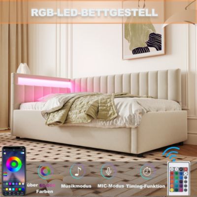 Lit banquette 90x200 cm en velours beige avec coffre hydraulique et LED