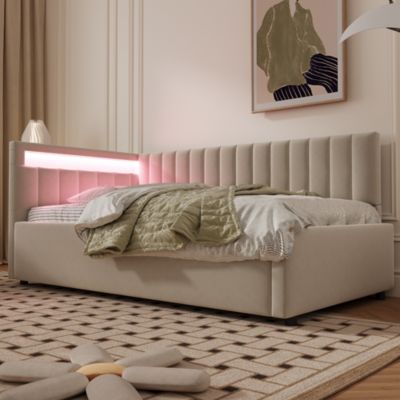Lit banquette 90x200 cm en velours beige avec coffre hydraulique et LED