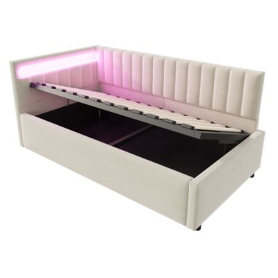 Lit banquette 90x200 cm en velours beige avec coffre hydraulique et LED