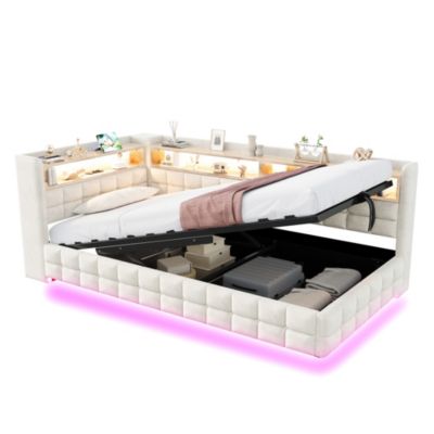 Lit banquette 90x200 cm en velours beige avec coffre, étagères, LED et prises