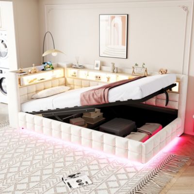 Lit banquette 90x200 cm en velours beige avec coffre, étagères, LED et prises