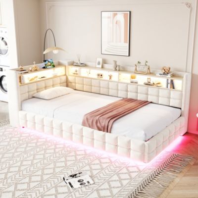 Lit banquette 90x200 cm en velours beige avec coffre, étagères, LED et prises