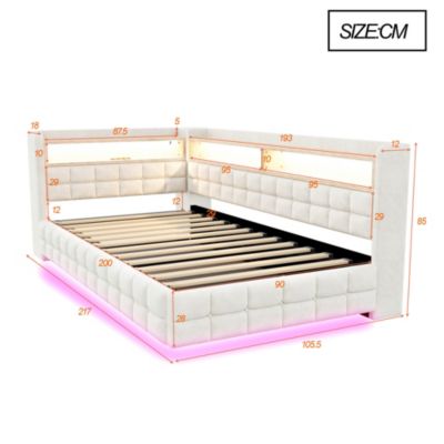 Lit banquette 90x200 cm en velours beige avec coffre, étagères, LED et prises