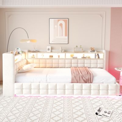 Lit banquette 90x200 cm en velours beige avec coffre, étagères, LED et prises