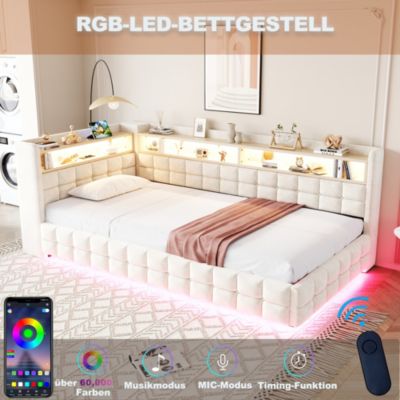 Lit banquette 90x200 cm en velours beige avec coffre, étagères, LED et prises