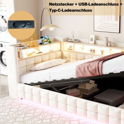 Lit banquette 90x200 cm en velours beige avec coffre, étagères, LED et prises