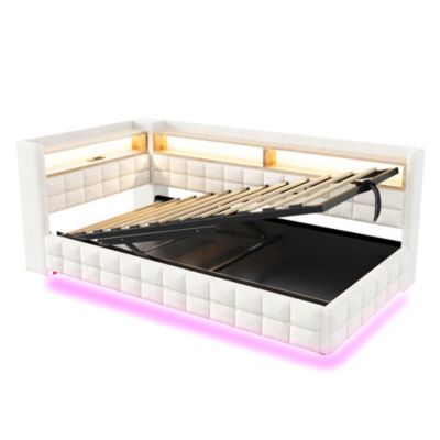 Lit banquette 90x200 cm en velours beige avec coffre, étagères, LED et prises