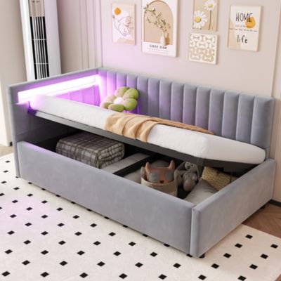Lit banquette 90x200 cm en velours gris avec coffre et LED