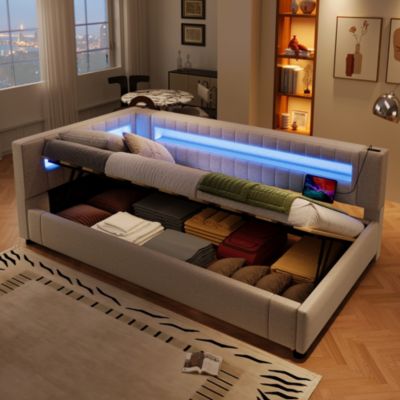 Lit Banquette 90x200 cm - Lit Ado avec Coffre de Rangement et LED Télécommandée, Revêtement Lin - sans Matelas - Beige