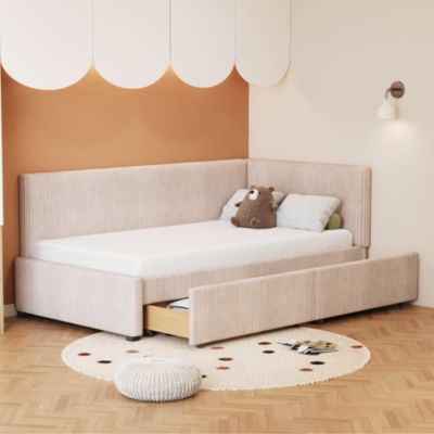Lit banquette 90x200 cm - Lit avec 2 tiroirs de rangement et sommier à lattes - Velours doux Beige, sans matelas