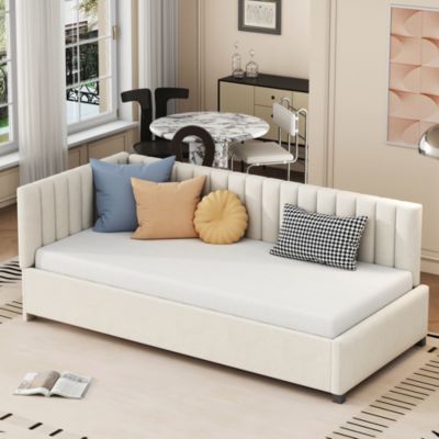 Lit Banquette 90x200 cm - Lit avec sommier à lattes en velours doux - Beige, sans matelas
