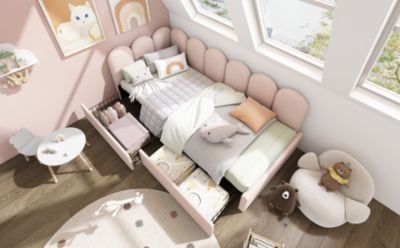Lit Banquette 90x200 cm - Lit Banquette enfant Simple avec Tiroirs de Rangement et Tissu Velours, Rose, Sans Matelas