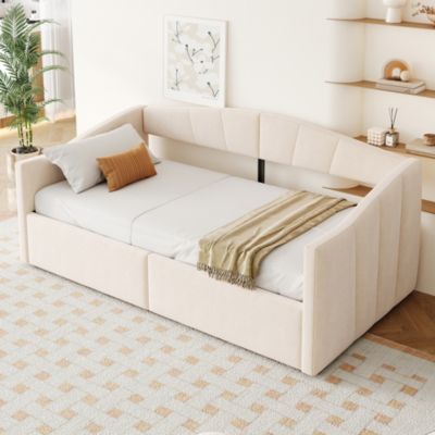 Lit Banquette 90x200 cm - Lit Convertible avec Rangement Hydraulique, Tissu Velours Beige, Sommier Inclus - sans Matelas