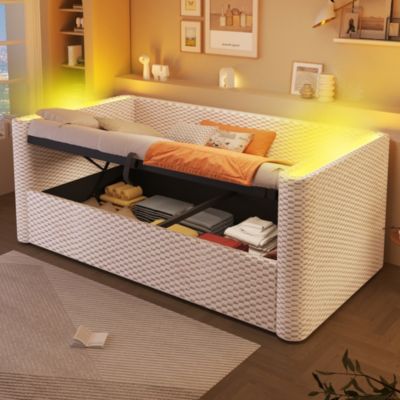 Lit Banquette 90x200 cm - Lit Simple avec Coffre Hydraulique et LED - en Velours - sans Matelas - Beige