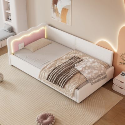 Lit Banquette 90x200 cm - Lit Simple avec LED Ambiance et Contrôle de l'APP, Vliesimitat et MDF, Sans Matelas, Blanc