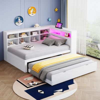 Lit Banquette Bois 90x200 cm - Multifonction avec Tiroirs de Rangement, LED et Prise USB, pour Chambre enfant, Blanc, Sans Matelas