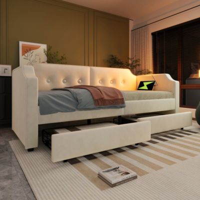 Lit banquette Canapé-lit,90x200cm,Beige,2 tiroirs, liseuse USB Type-C
