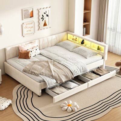 Lit Banquette Double 140x200 cm - USB et Type-C, Éclairage LED d'Ambiance et Compartiment de Rangement, Lin, sans Matelas, Beige